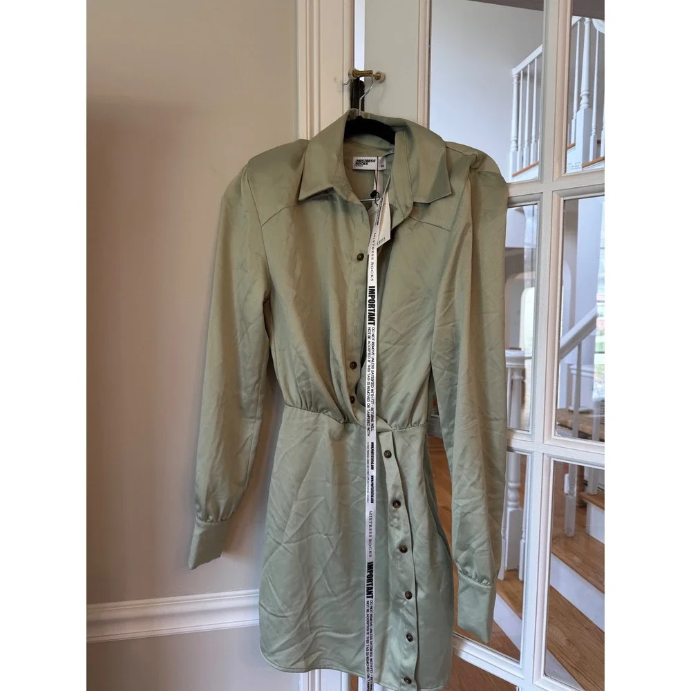 Mistress Rocks Sage Green Satin Long Sleeve Mini Dress XS New With Tags - Picture 7 of 8